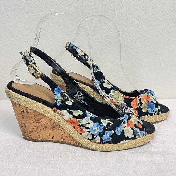 Seychelles Black Floral Cork Wedge Sling-back Sandals 7.5 - Picture 1 of 8